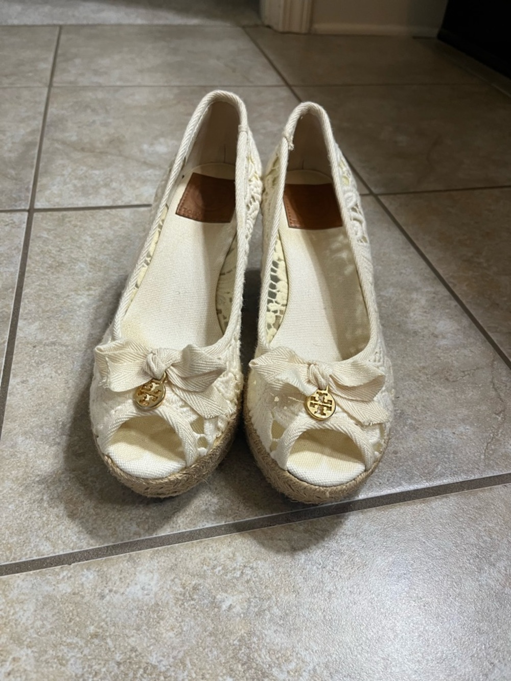 Tory Burch Lace Espadrille Wedge Peep-Toe Pumps in Cream - Picture 2 of 4